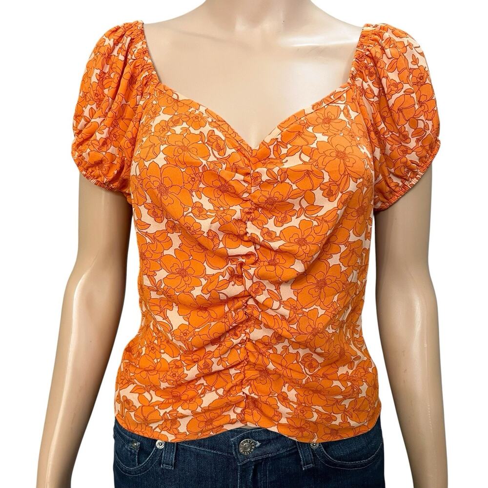 Sienna Sky Floral Ruched Blouse Medium Puff Sleeve Fairy Cottagecore Cropped